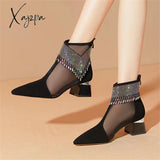 Xajzpa - Fashion Ankle Boots Women 2023 New Glitter Rhinestone Ladies Pointed Toe Chunky Heel Shoes