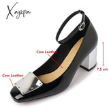 Xajzpa - Fashion Brand Design Women Cow Leather Pumps Ankle Wrap Square Toe Thick Heels Metal