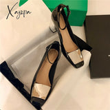 Xajzpa - Fashion Brand Design Women Cow Leather Pumps Ankle Wrap Square Toe Thick Heels Metal