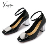 Xajzpa - Fashion Brand Design Women Cow Leather Pumps Ankle Wrap Square Toe Thick Heels Metal Decoration Casual Street Shoes