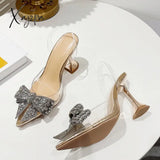 Xajzpa - Fashion Crystal Sequined Bowknot Women Pumps Sexy Pointed Toe High Heels Wedding Prom