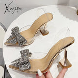 Xajzpa - Fashion Crystal Sequined Bowknot Women Pumps Sexy Pointed Toe High Heels Wedding Prom