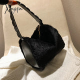 Xajzpa - Fashion Fluffy Plush Handbag Chain Crossbody Bag Casual Versatile Shoulder & Purse Black /