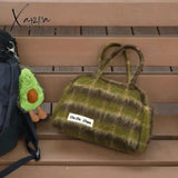 Xajzpa - Fashion Handbag Soft Plush Vintage Green Plaid Letter Shoulder Bag Fall Winter Casual High