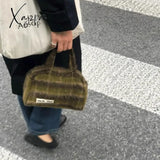 Xajzpa - Fashion Handbag Soft Plush Vintage Green Plaid Letter Shoulder Bag Fall Winter Casual High