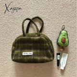 Xajzpa - Fashion Handbag Soft Plush Vintage Green Plaid Letter Shoulder Bag Fall Winter Casual High