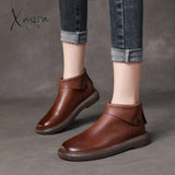 Xajzpa Fashion Handmade Retro Style Ladies Boots Autumn Genuine Leather Flat Heel Ankle Back Zipper