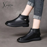 Xajzpa Fashion Handmade Retro Style Ladies Boots Autumn Genuine Leather Flat Heel Ankle Boots Back Zipper Comfort Casual Shoes