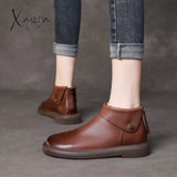 Xajzpa Fashion Handmade Retro Style Ladies Boots Autumn Genuine Leather Flat Heel Ankle Back Zipper