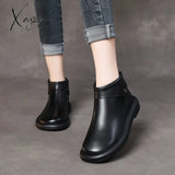 Xajzpa Fashion Handmade Retro Style Ladies Boots Autumn Genuine Leather Flat Heel Ankle Back Zipper