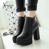 Xajzpa - Fashion New Women's Side Zipper Ankle Boots Platform Thick High Heel 10/12 Cm Ladies Boots Winter Woman Shoes Black Boot