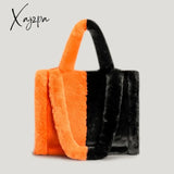 Xajzpa - Fashion Patchwork Pluffy Tote Bag Designer Plush Women Handbags Luxury Faux Fur Shoulder