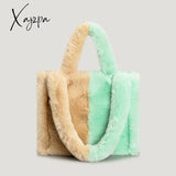 Xajzpa - Fashion Patchwork Pluffy Tote Bag Designer Plush Women Handbags Luxury Faux Fur Shoulder