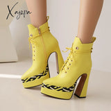 Xajzpa - Fashion Printing Women’s Ankle Boots Autumn Winter New Thick High Heel Platform Pointed