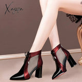 Xajzpa - Fashion Solid Mesh High Heels Pointed Toe Cross Lines Decoration Ankle Lady Boots Women