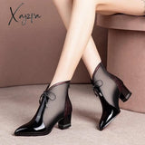 Xajzpa - Fashion Solid Mesh High Heels Pointed Toe Cross Lines Decoration Ankle Lady Boots Women