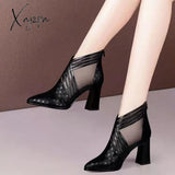 Xajzpa - Fashion Solid Mesh High Heels Pointed Toe Cross Lines Decoration Ankle Lady Boots Women Ventilate Shoes Black Botas Women