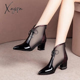 Xajzpa - Fashion Solid Mesh High Heels Pointed Toe Cross Lines Decoration Ankle Lady Boots Women