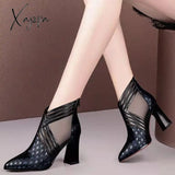 Xajzpa - Fashion Solid Mesh High Heels Pointed Toe Cross Lines Decoration Ankle Lady Boots Women