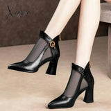 Xajzpa - Fashion Solid Mesh High Heels Pointed Toe Cross Lines Decoration Ankle Lady Boots Women