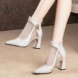 Xajzpa - Fashion Solid Mesh High Heels Pointed Toe Cross Lines Decoration Ankle Lady Boots Women