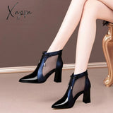 Xajzpa - Fashion Solid Mesh High Heels Pointed Toe Cross Lines Decoration Ankle Lady Boots Women