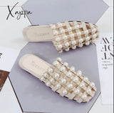 Xajzpa - Fashion Summer Beach Shoes Pearl Sandals Thin Belt Roman Flat Women Flip Flops Casual