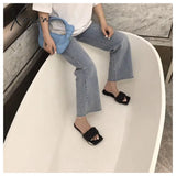 Xajzpa - Fashion Weave Slippers Women Square Toe Flat Casual Shoes Slide 2023 Summer Flip Flops