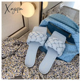 Xajzpa - Fashion Weave Slippers Women Square Toe Flat Casual Shoes Slide 2023 Summer Flip Flops