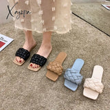 Xajzpa - Fashion Weave Slippers Women Square Toe Flat Casual Shoes Slide 2023 Summer Flip Flops