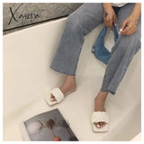 Xajzpa - Fashion Weave Slippers Women Square Toe Flat Casual Shoes Slide 2023 Summer Flip Flops