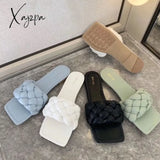 Xajzpa - Fashion Weave Slippers Women Square Toe Flat Casual Shoes Slide 2023 Summer Flip Flops