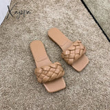 Xajzpa - Fashion Weave Slippers Women Square Toe Flat Casual Shoes Slide 2023 Summer Flip Flops