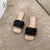 Xajzpa - Fashion Weave Slippers Women Square Toe Flat Casual Shoes Slide 2023 Summer Flip Flops