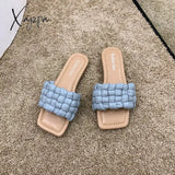 Xajzpa - Fashion Weave Slippers Women Square Toe Flat Casual Shoes Slide 2023 Summer Flip Flops