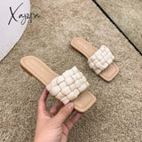 Xajzpa - Fashion Weave Slippers Women Square Toe Flat Casual Shoes Slide 2023 Summer Flip Flops