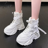 Xajzpa - Fashion Women Chunky Platform Motorcycle Boots White Lace Up Thick Bottom Shoes Woman