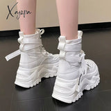 Xajzpa - Fashion Women Chunky Platform Motorcycle Boots White Lace Up Thick Bottom Shoes Woman