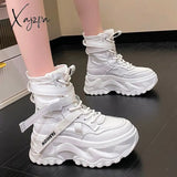 Xajzpa - Fashion Women Chunky Platform Motorcycle Boots White Lace Up Thick Bottom Shoes Woman