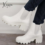 Xajzpa - Faux Leather Chelsea Chunky Heel Ankle Boots Lug Sole Booties