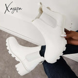 Xajzpa - Faux Leather Chelsea Chunky Heel Ankle Boots Lug Sole Booties