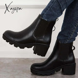 Xajzpa - Faux Leather Chelsea Chunky Heel Ankle Boots Lug Sole Booties
