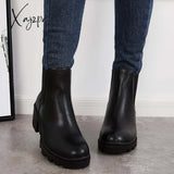 Xajzpa - Faux Leather Chelsea Chunky Heel Ankle Boots Lug Sole Booties