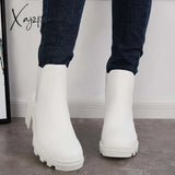 Xajzpa - Faux Leather Chelsea Chunky Heel Ankle Boots Lug Sole Booties