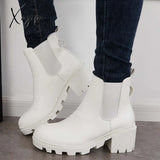 Xajzpa - Faux Leather Chelsea Chunky Heel Ankle Boots Lug Sole Booties