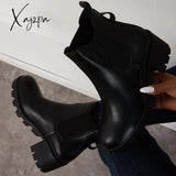 Xajzpa - Faux Leather Chelsea Chunky Heel Ankle Boots Lug Sole Booties