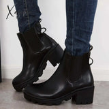 Xajzpa - Faux Leather Chelsea Chunky Heel Ankle Boots Lug Sole Booties Black / 5