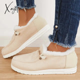 Xajzpa - Flat Slip-On Bootie Warm Lining Ankle Snow Boots Beige / 5 Booties