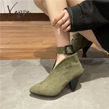 Xajzpa - Flock Buckle Zipper Type-V Autumn Winter Women Ankle Boots Fashion Pointed Toe Square High