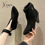 Xajzpa - Flock Buckle Zipper Type-V Autumn Winter Women Ankle Boots Fashion Pointed Toe Square High